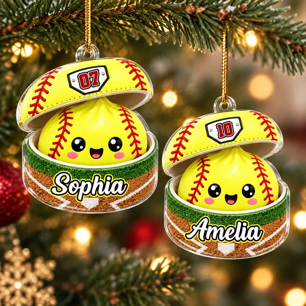 Personalized Softball Dumpling Acrylic Ornament, Cute Yellow Tree Decor, Unique Christmas Gift for Daughter, Son, Grandkids