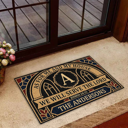 Personalized Standard Doormat, We Will Serve the Lord Bible Verse, Black and Gold Unique Housewarming Gift for Family