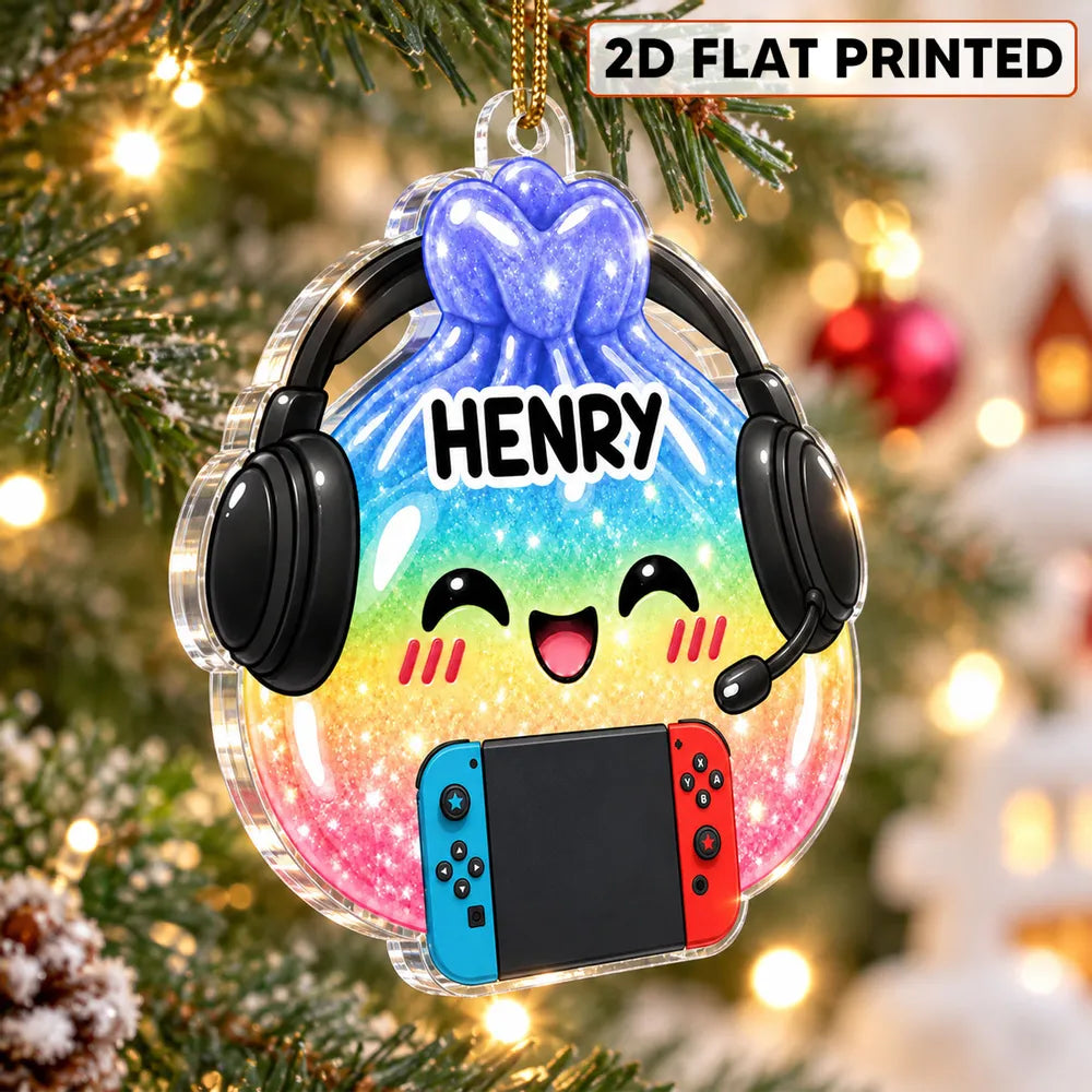 Personalized Acrylic Ornament, Cute Gamer Gift Bag with Headset on Christmas Tree, Unique Gift for Kids and Gamers