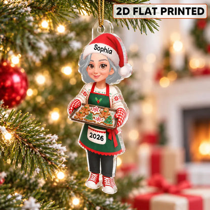 Personalized Acrylic Ornament, Festive Baking Grandma Holding Cookies, Unique Christmas Gift for Grandma