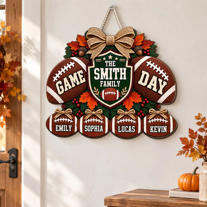 Family Huddle Wooden Sign, Personalized Football Door Accent, Creative Gift for Football Fans