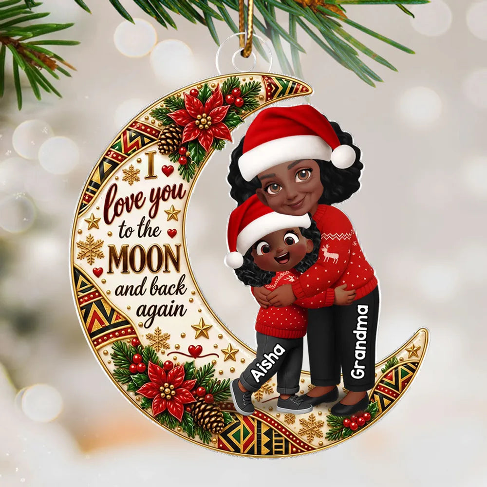 Personalized Acrylic Ornament, Red and Gold Christmas Moon with Hugging Grandma and Grandchild, Unique Gift for Grandma, Grandkids