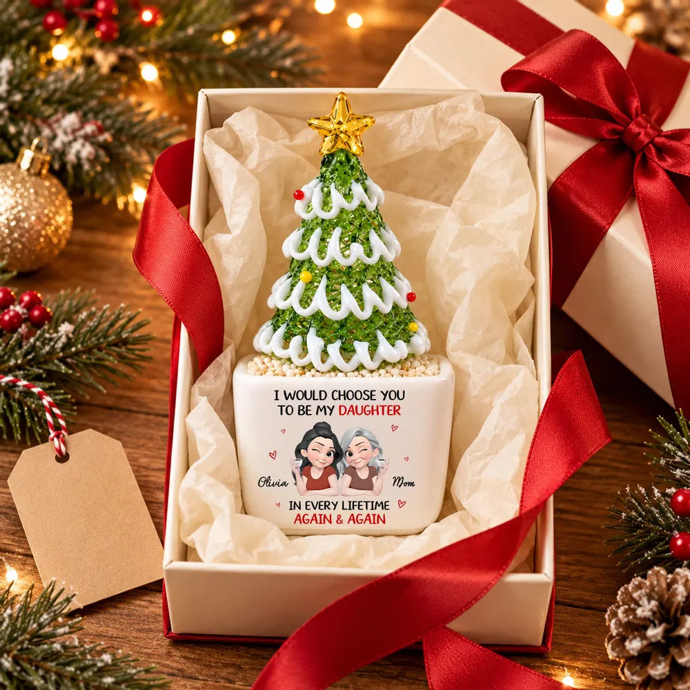 Personalized Square Glass Planter, Christmas Tree, Mother and Daughter Sharing Drinks, Unique Gift for Daughter
