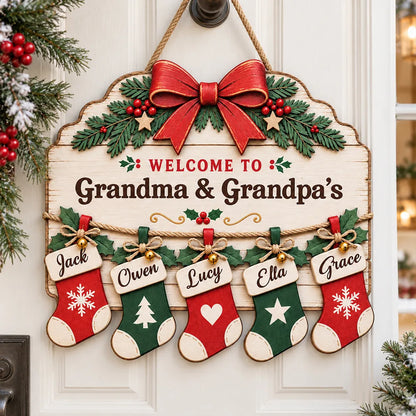 Personalized Wooden Sign with Family Stockings, Rustic Christmas Decor, Unique Gift for Grandparents