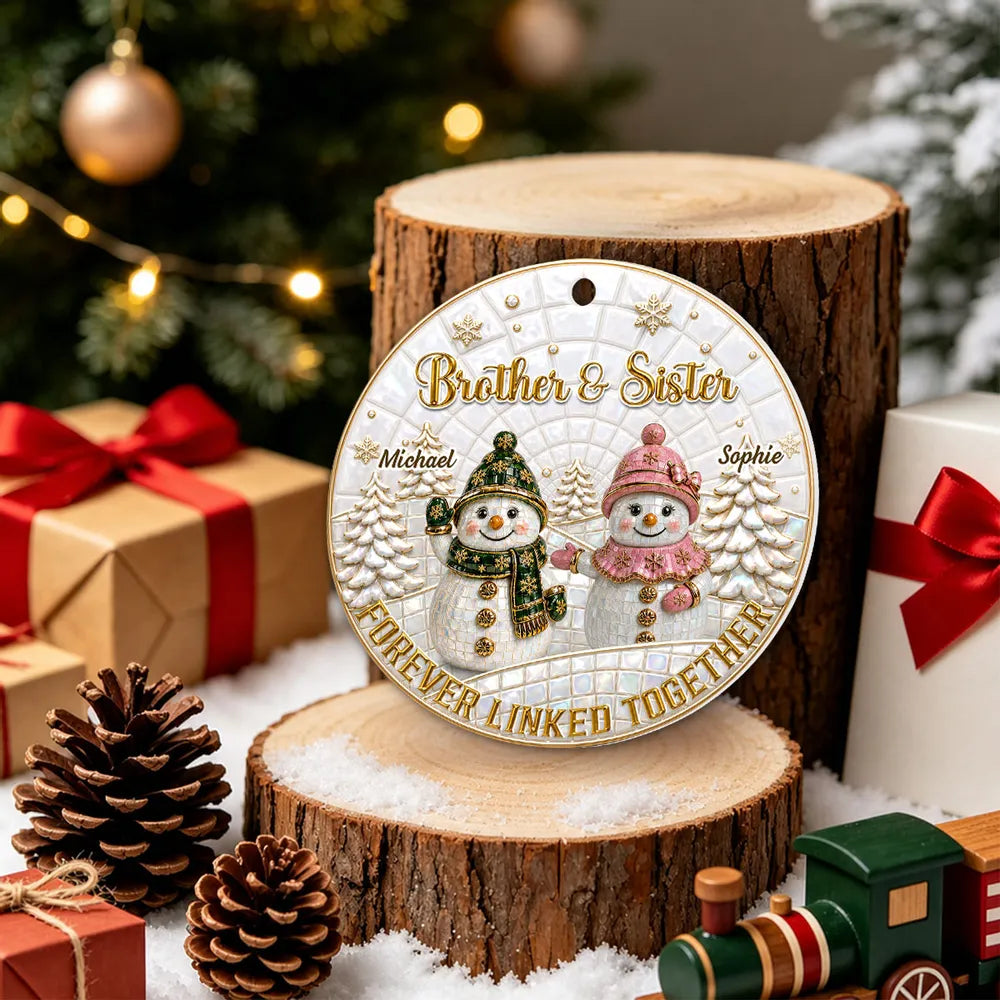 Personalized Acrylic Ornament, Snowman Siblings in Snowy Forest, Unique Christmas Gift for Family