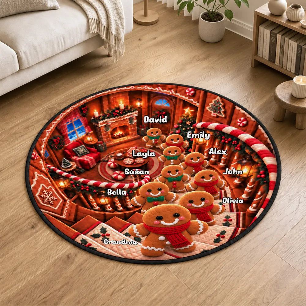 Round Quilted Mat, Personalized Gingerbread Family by Fireplace, Heartwarming Creative Gift for Family