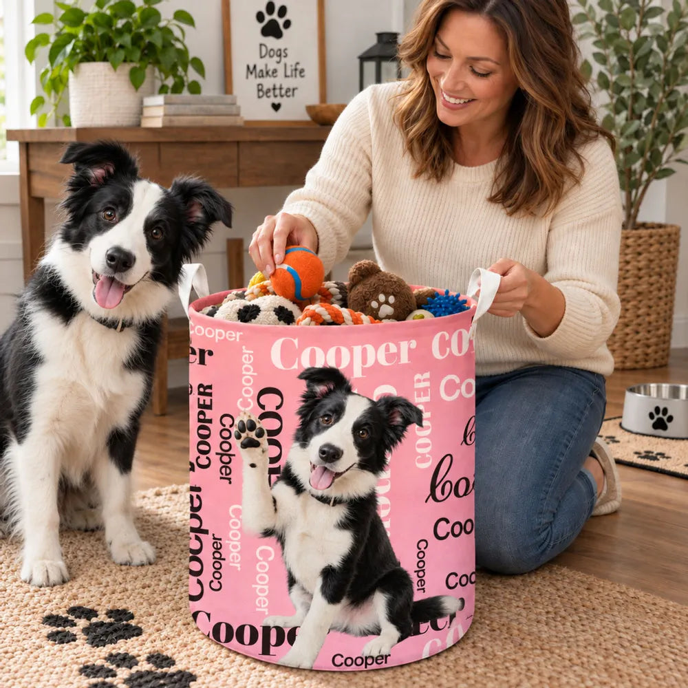 Personalized Round Waterproof Storage Basket, Waving Dog Portrait Organizer, Unique Gift for Pet Owners