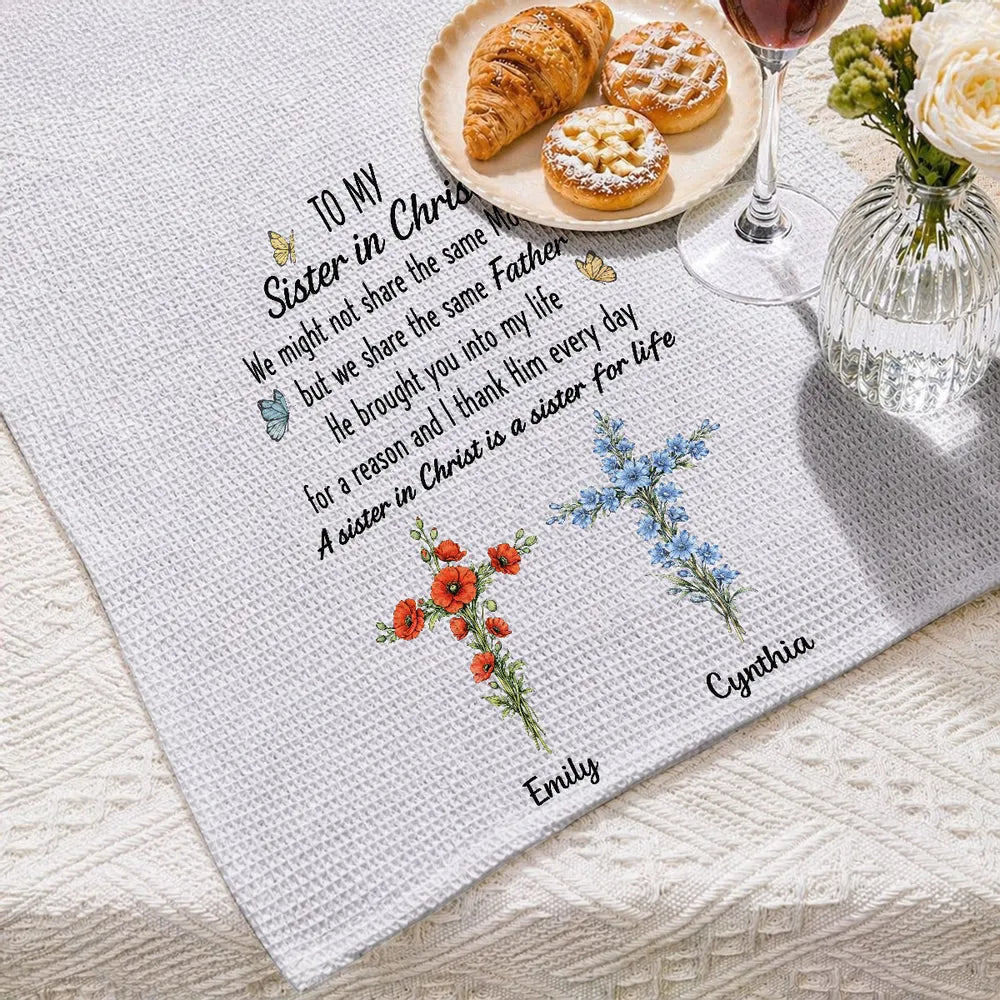 Personalized Sister in Christ Kitchen Towel, Pastel Floral Crosses & Butterflies, Unique Faith Gift for Sister