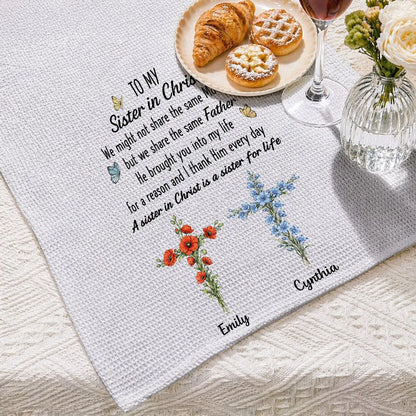 Personalized Sister in Christ Kitchen Towel, Pastel Floral Crosses & Butterflies, Unique Faith Gift for Sister