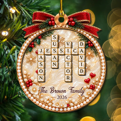 2-Layer Wooden Ornament, Personalized Family Word Search in Red & Gold, Unique Christmas Gift