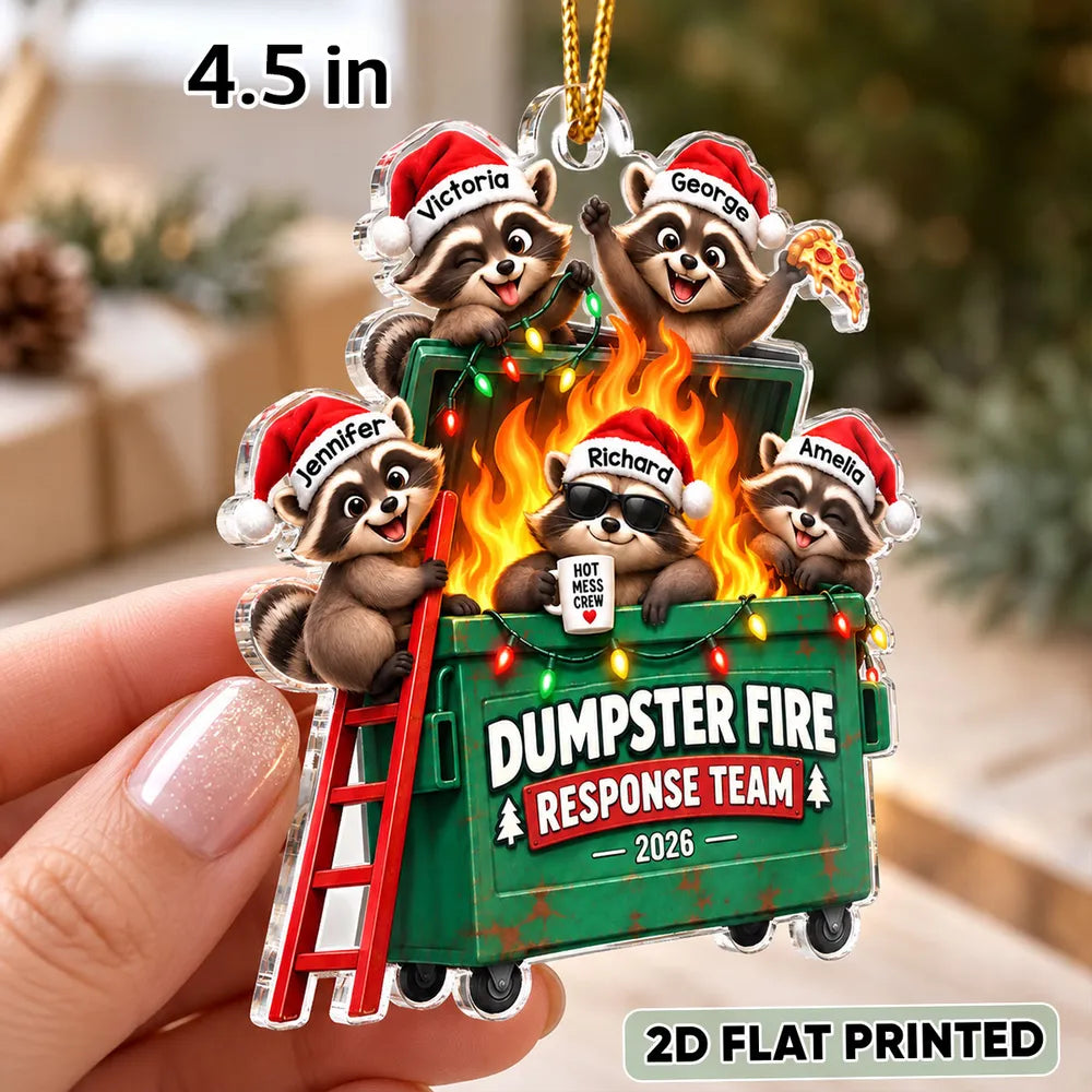 Personalized Acrylic Ornament, Raccoons Tackling a Dumpster Fire, Unique Funny Christmas Gift for Coworkers