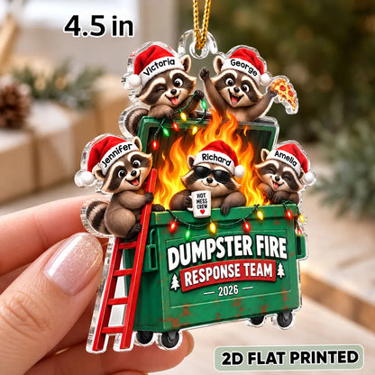 Personalized Acrylic Ornament, Raccoons Tackling a Dumpster Fire, Unique Funny Christmas Gift for Coworkers