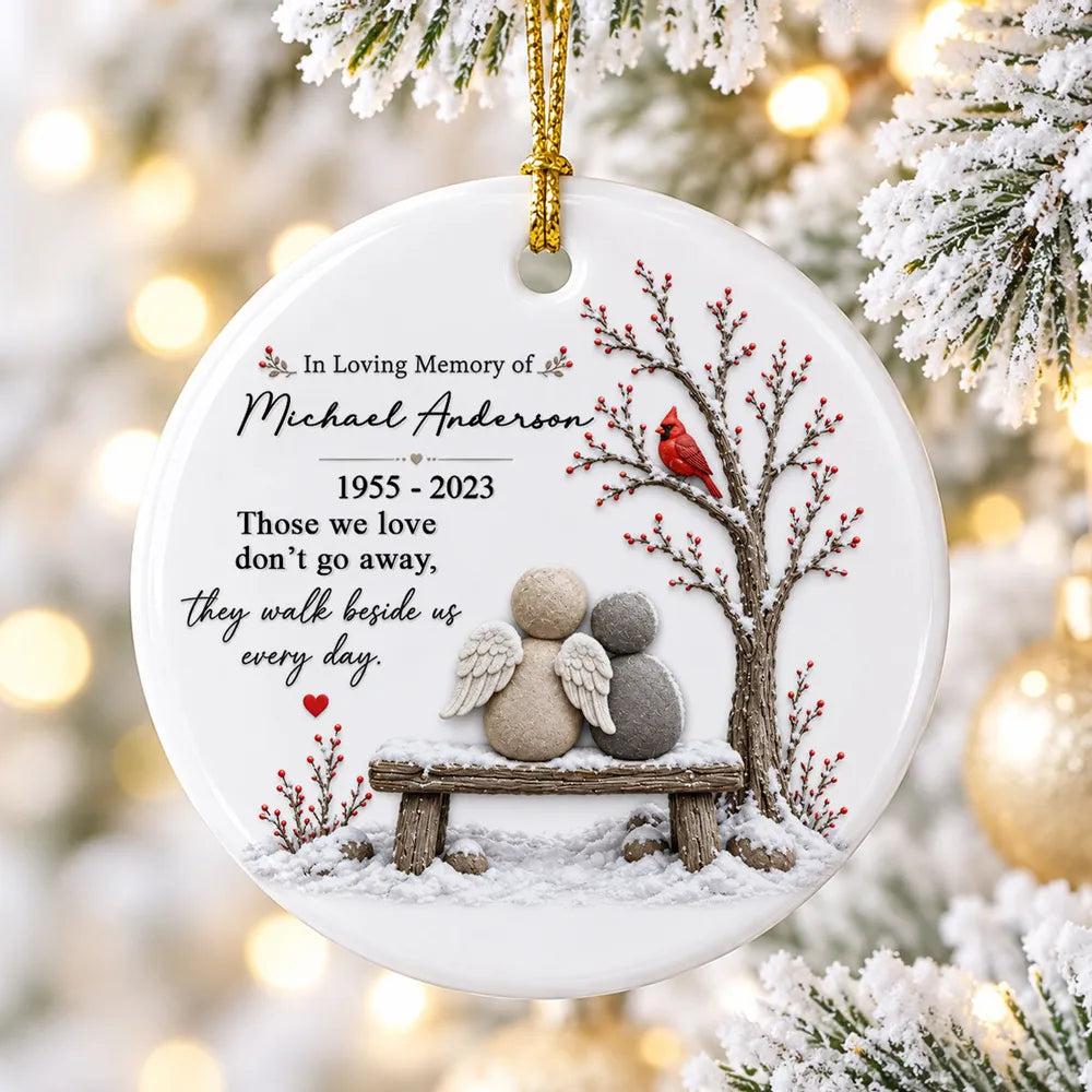 Personalized Ceramic Ornament with Angels on a Snowy Bench and Cardinal, Unique Memorial Gift for Family