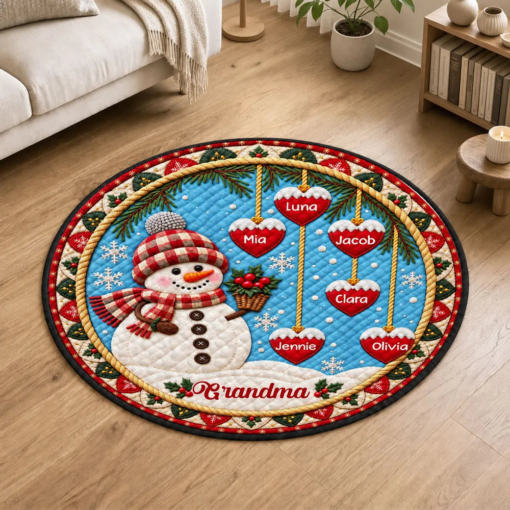 Personalized Christmas Snowman Round Quilted Mat, Red and Blue Snowy Scene, Unique Gift for Grandma