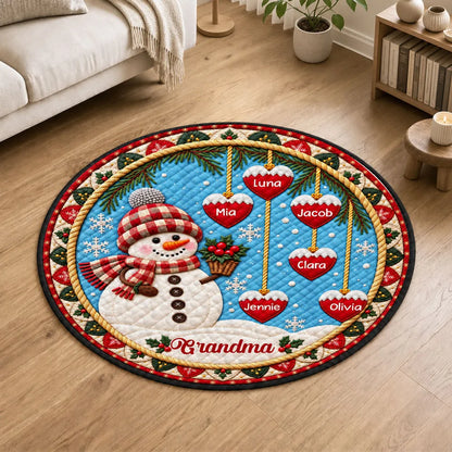 Personalized Christmas Snowman Round Quilted Mat, Red and Blue Snowy Scene, Unique Gift for Grandma