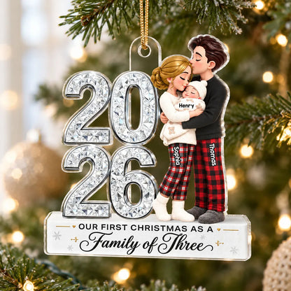 Personalized Acrylic Ornament, New Parents Embracing Baby at Christmas, Unique Family Gift