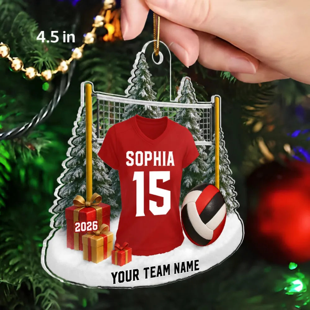 Personalized Acrylic Ornament, Red Volleyball Jersey in a Snowy Scene, Unique Christmas Gift for Players