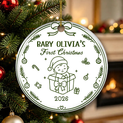 Personalized First Christmas Ceramic Ornament, Sleeping Baby in Stocking on Tree, Unique Gift for New Parents