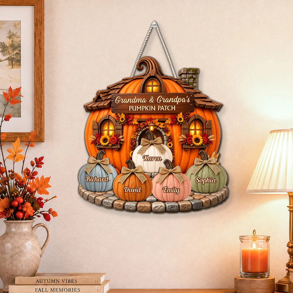 Whimsical Pumpkin Cottage Wooden Sign, Personalized Family Fall Decor, Creative Gift for Grandma & Grandpa