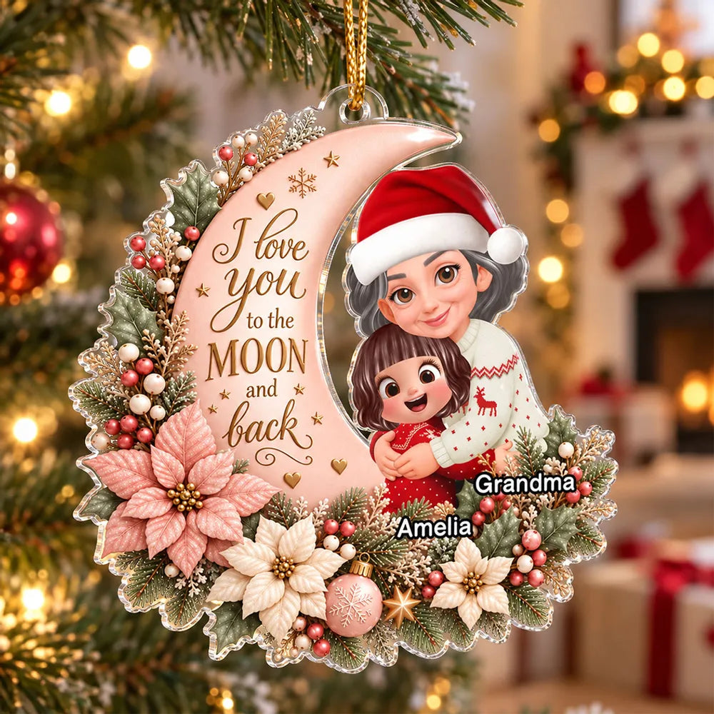Personalized Acrylic Ornament, Hugging Grandma and Grandchild on a Soft Pink Moon, Unique Christmas Gift