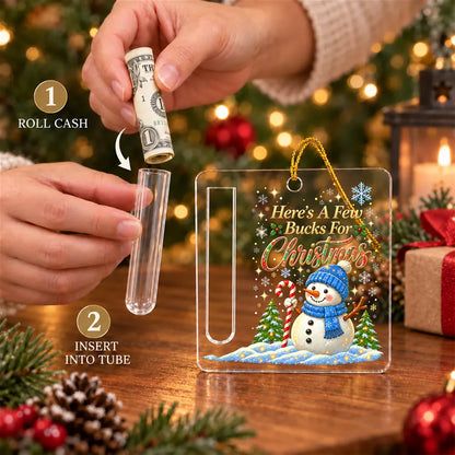 Personalized Acrylic Money Holder Ornament, Snowman or Penguin Christmas Scene, Unique Cash Gift