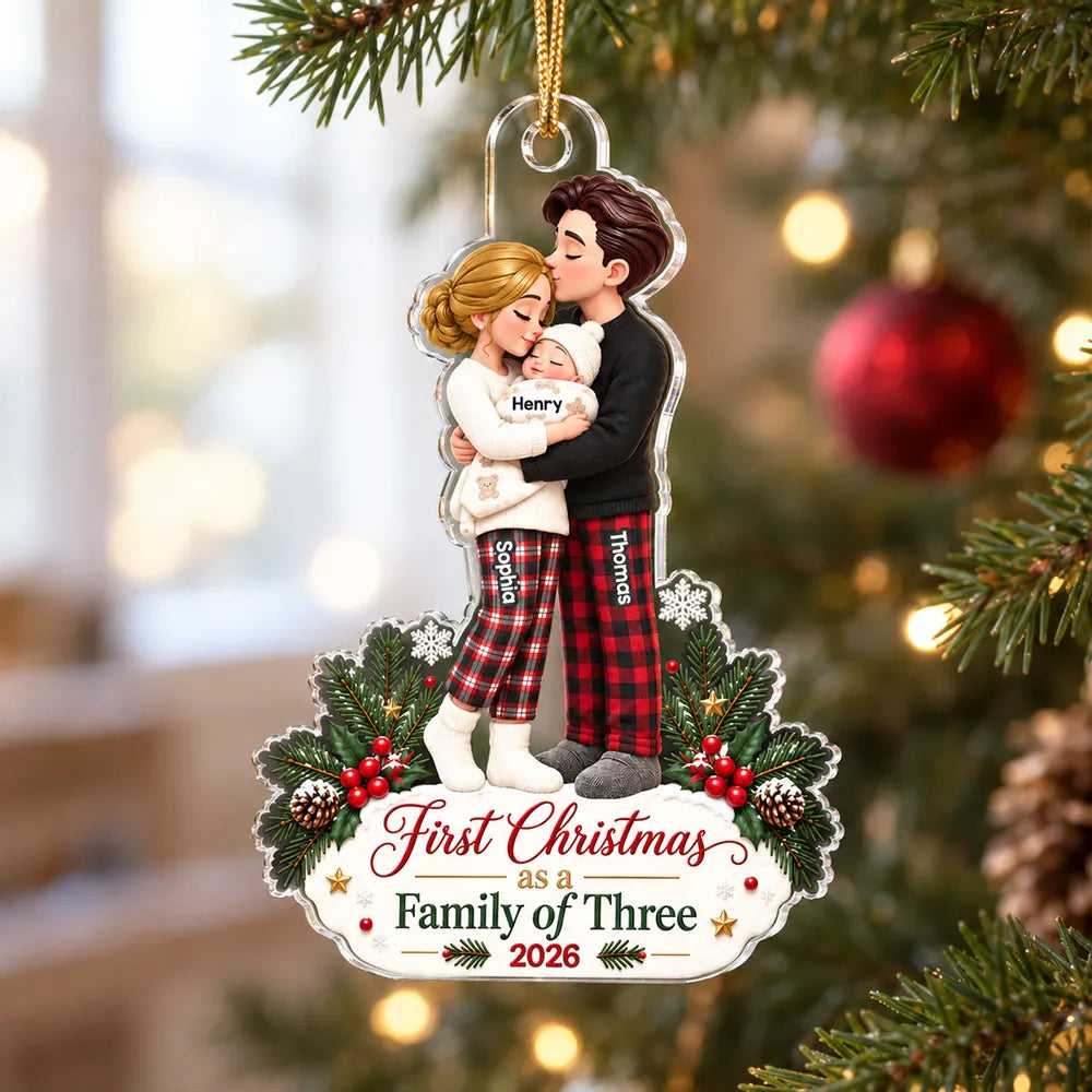 Personalized Acrylic Ornament, Hugging Parents and Baby at Christmas, Unique Gift for New Parents
