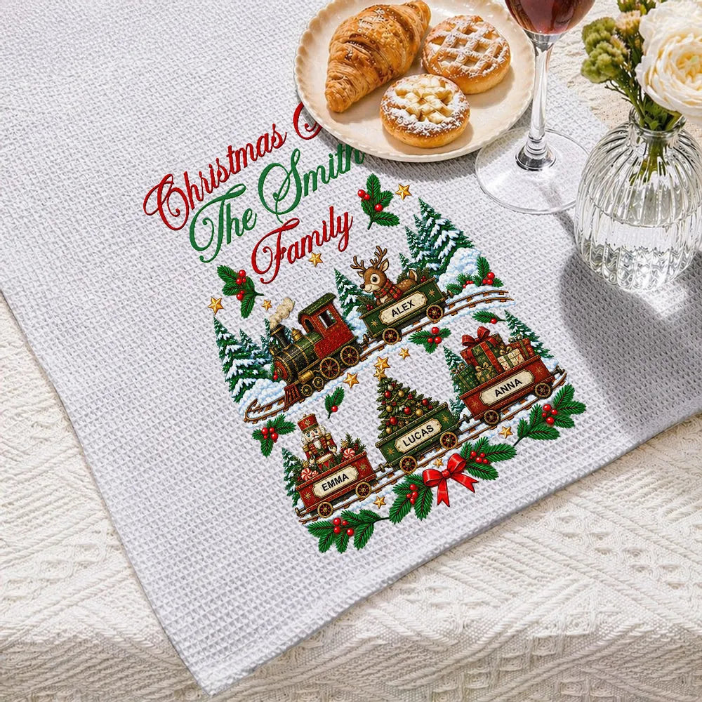 Personalized Christmas Kitchen Towel, Vintage Train in a Snowy Forest, Unique Gift for Family