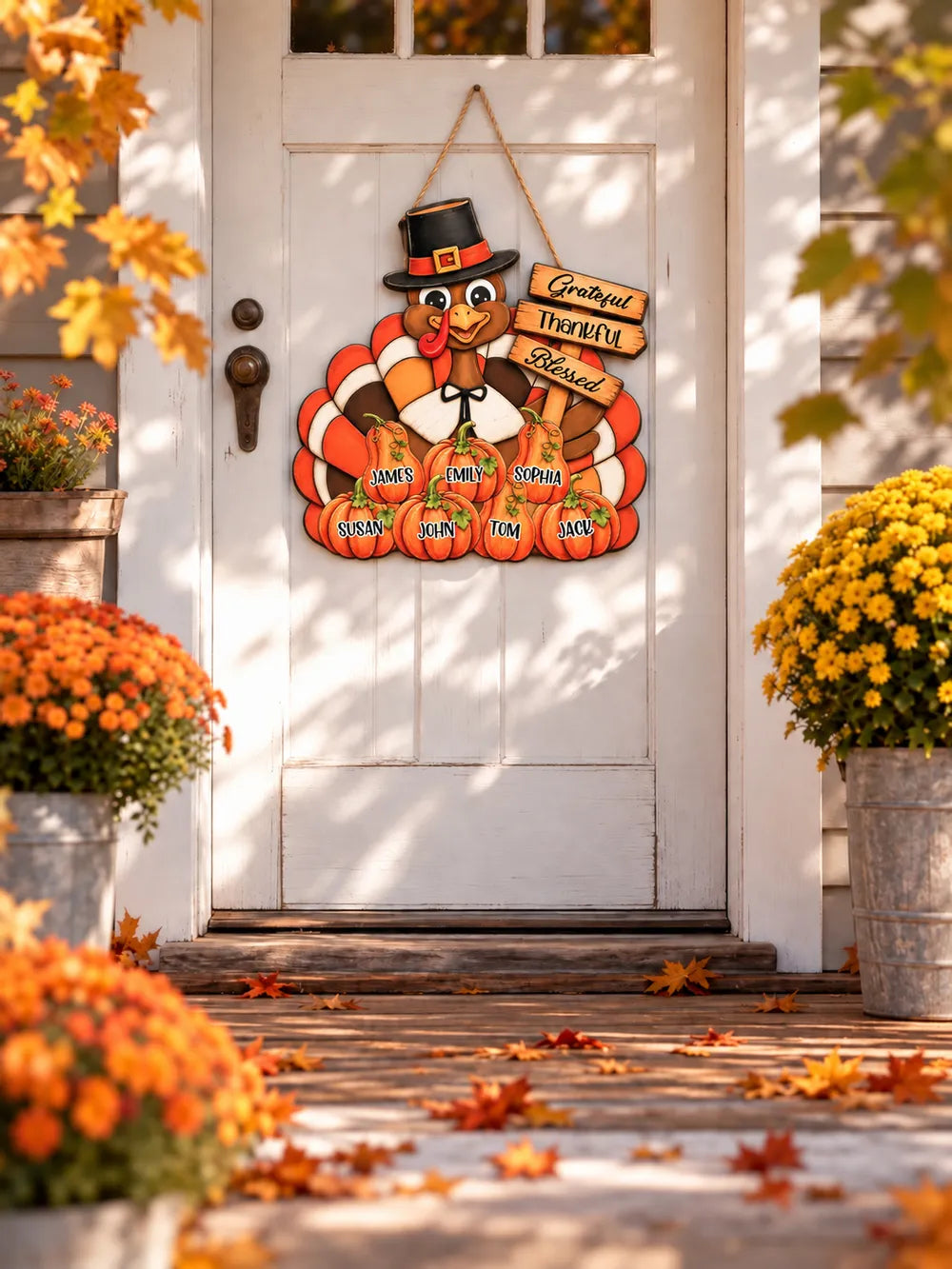 Personalized Wooden Sign with Pilgrim Turkey, Pumpkins and Grateful Thankful Blessed, Unique Rustic Gift for Family
