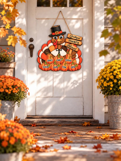 Personalized Wooden Sign with Pilgrim Turkey, Pumpkins and Grateful Thankful Blessed, Unique Rustic Gift for Family