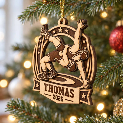 Personalized 2-Layer Wooden Ornament, Warm Brown Wrestling Action, Unique Gift for Son