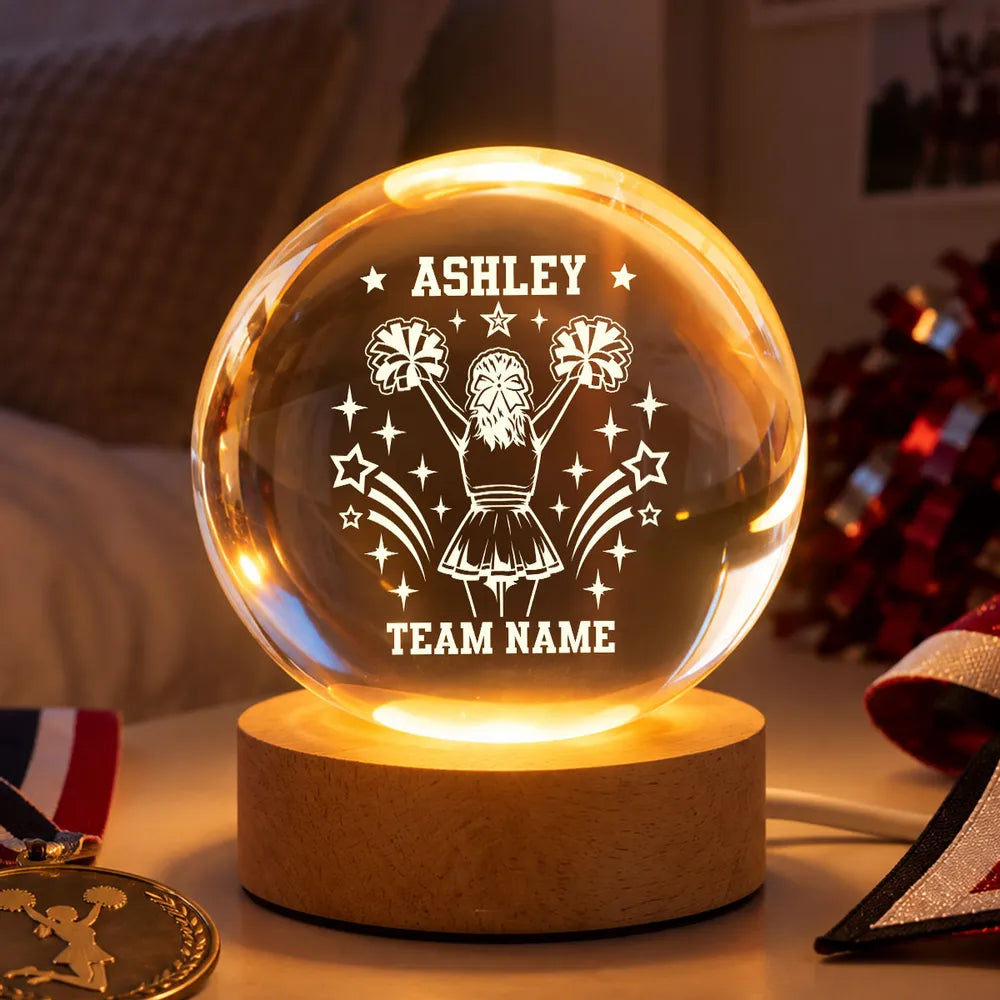 Personalized Globe Lamp with Cheerleader Raising Pom-Poms and Stars, Creative Gift for Daughter