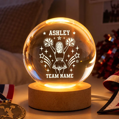 Personalized Globe Lamp with Cheerleader Raising Pom-Poms and Stars, Creative Gift for Daughter
