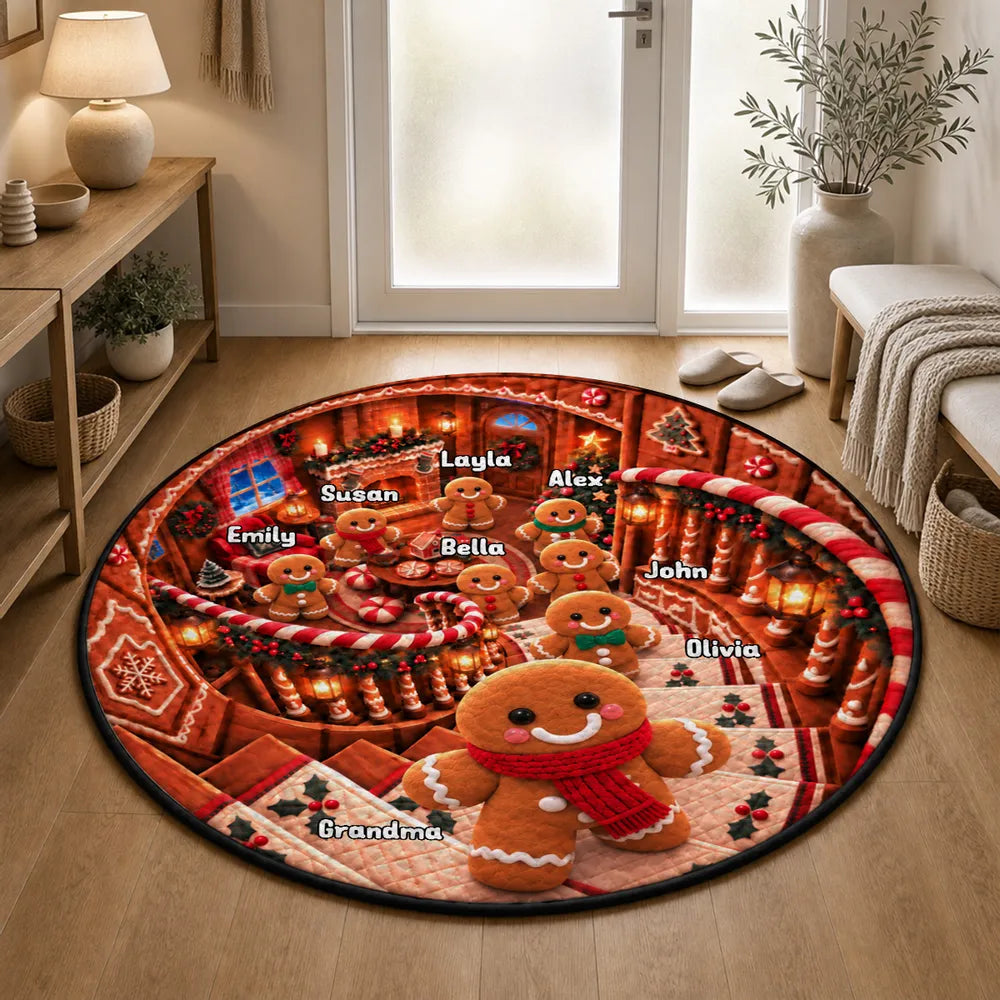 Round Quilted Mat, Personalized Gingerbread Family by Fireplace, Heartwarming Creative Gift for Family
