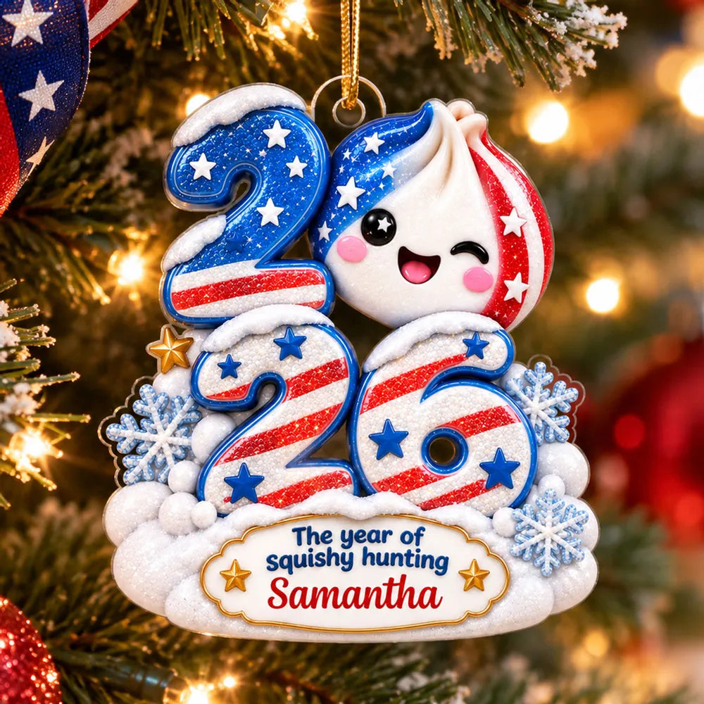 Personalized American Flag Squishy Hunting Christmas Ornament, Custom Name & Year, Fun Patriotic Keepsake for Teens
