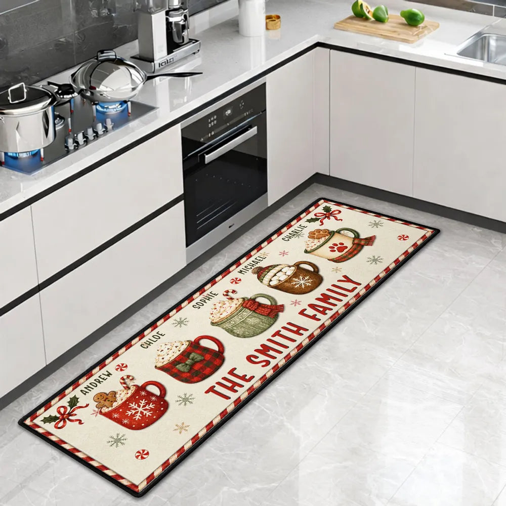 Personalized Standard Doormat with Red and Green Family Mugs, Unique Gift for Families and Pet Owners