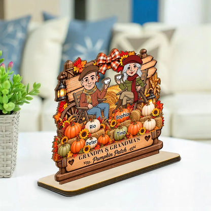 Personalized 2-Layer Wooden Plaque, Grandparents Sharing Coffee in an Autumn Pumpkin Patch, Unique Family Gift