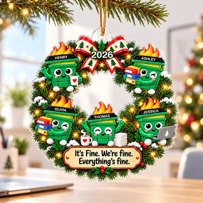 Personalized Acrylic Ornament, Cute Dumpster Fire Office Wreath, Unique Christmas Gift for Coworkers