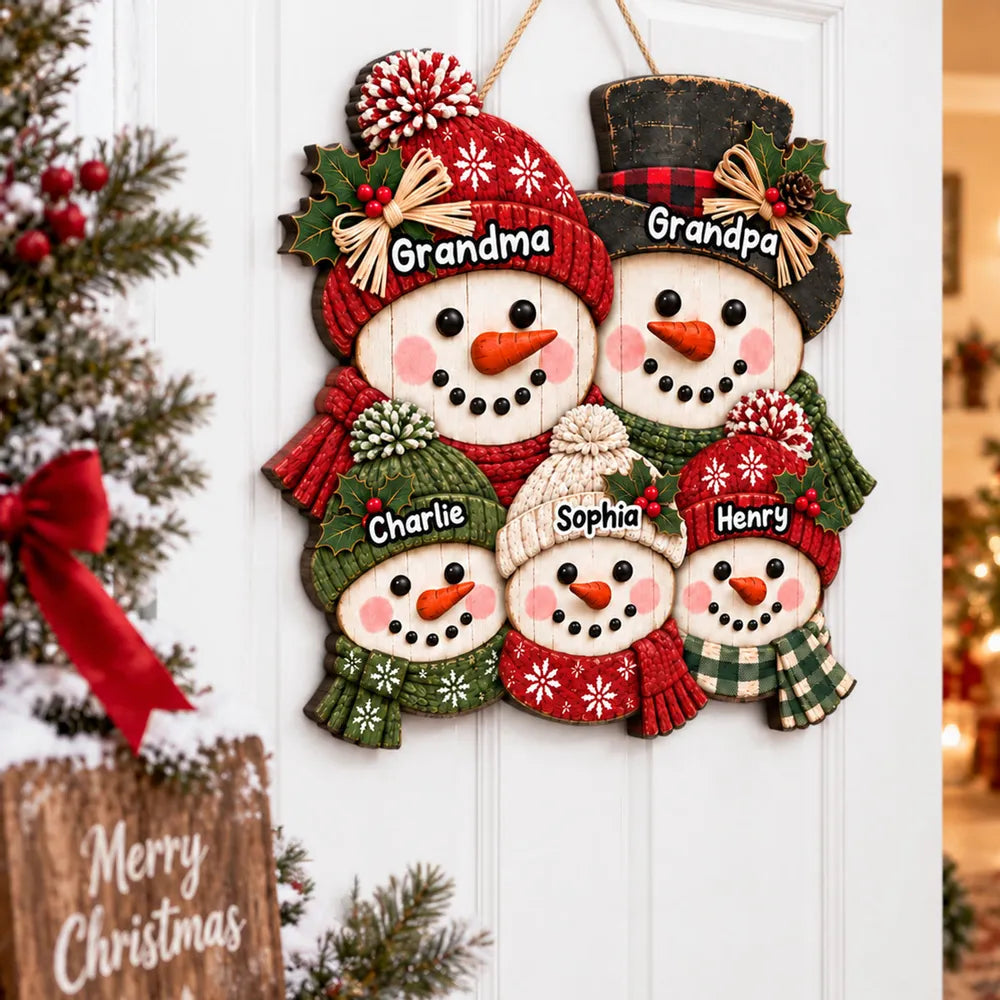 Personalized Wooden Sign, Rustic Red and Green Snowman Family Christmas Decor, Creative Gift for Grandma and Grandpa