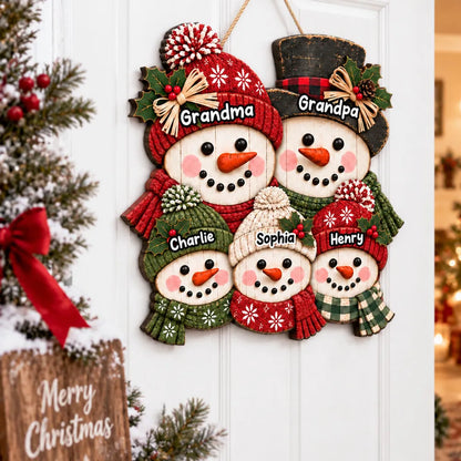 Personalized Wooden Sign, Rustic Red and Green Snowman Family Christmas Decor, Creative Gift for Grandma and Grandpa
