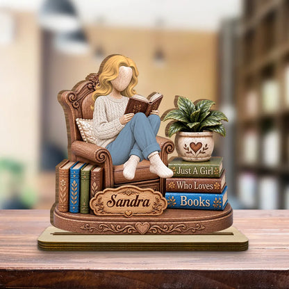 Personalized 2-Layer Wooden Plaque, Woman Reading in a Cozy Chair, Unique Gift for Book Lovers