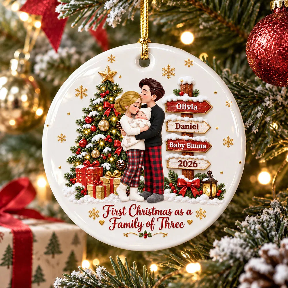 Personalized First Christmas Ceramic Ornament, Parents Cuddling Baby by a Christmas Tree, Creative Gift for New Parents