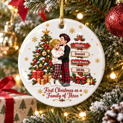 Personalized First Christmas Ceramic Ornament, Parents Cuddling Baby by a Christmas Tree, Creative Gift for New Parents