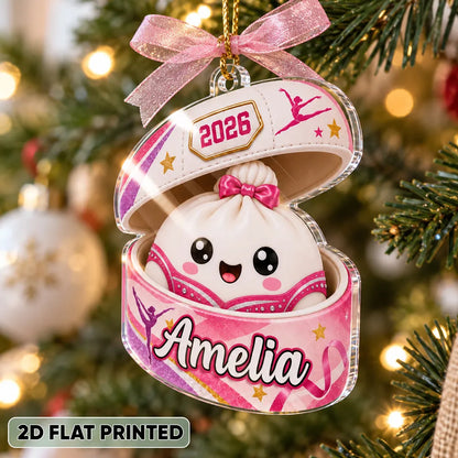 Personalized Acrylic Ornament, Cute Gymnastics Dumpling in Pink Case, Unique Christmas Gift for Gymnast