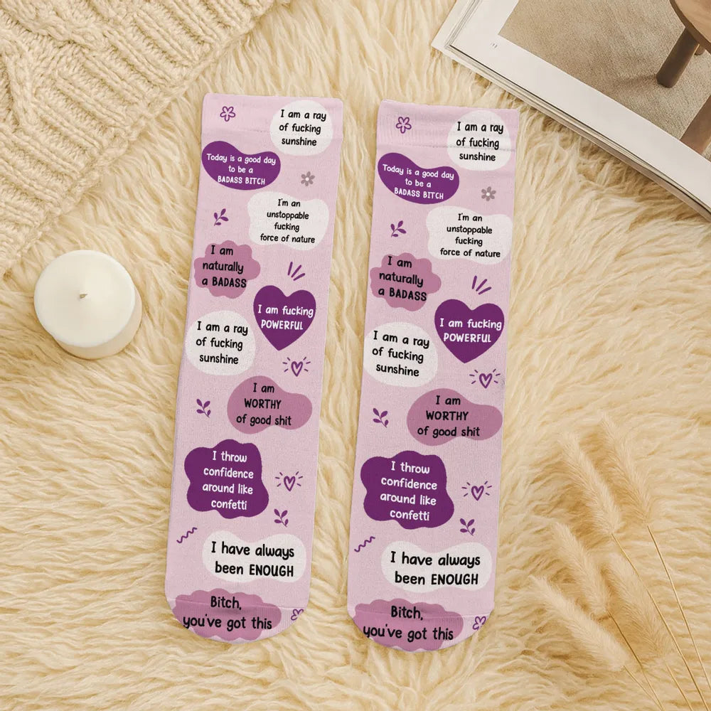 Personalized Crew Socks with I Have Always Been Enough Quote, Creative Gift for a Sister in Pink and Purple