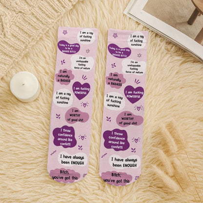Personalized Crew Socks with I Have Always Been Enough Quote, Creative Gift for a Sister in Pink and Purple