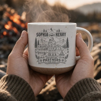 Personalized Pottery Mug, Embracing Couple at a Mountain Campsite, Unique Gift for Adventure Partners