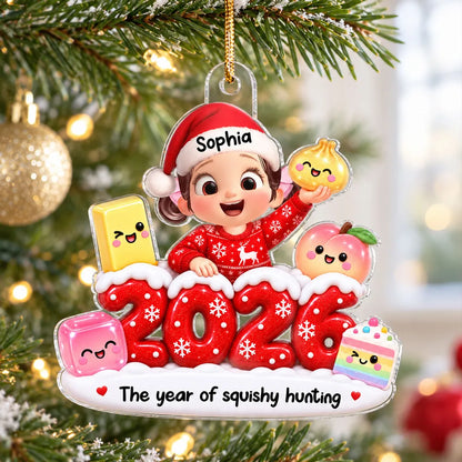 Personalized Acrylic Ornament, Smiling Child Holding Squishy Toys, Festive Tree Decor and Unique Gift for Kids