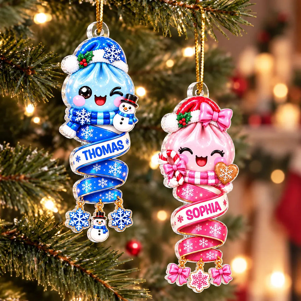 Personalized Acrylic Ornament, Cute Dumpling Kid on a Glowing Christmas Tree, Unique Gift for Son or Daughter