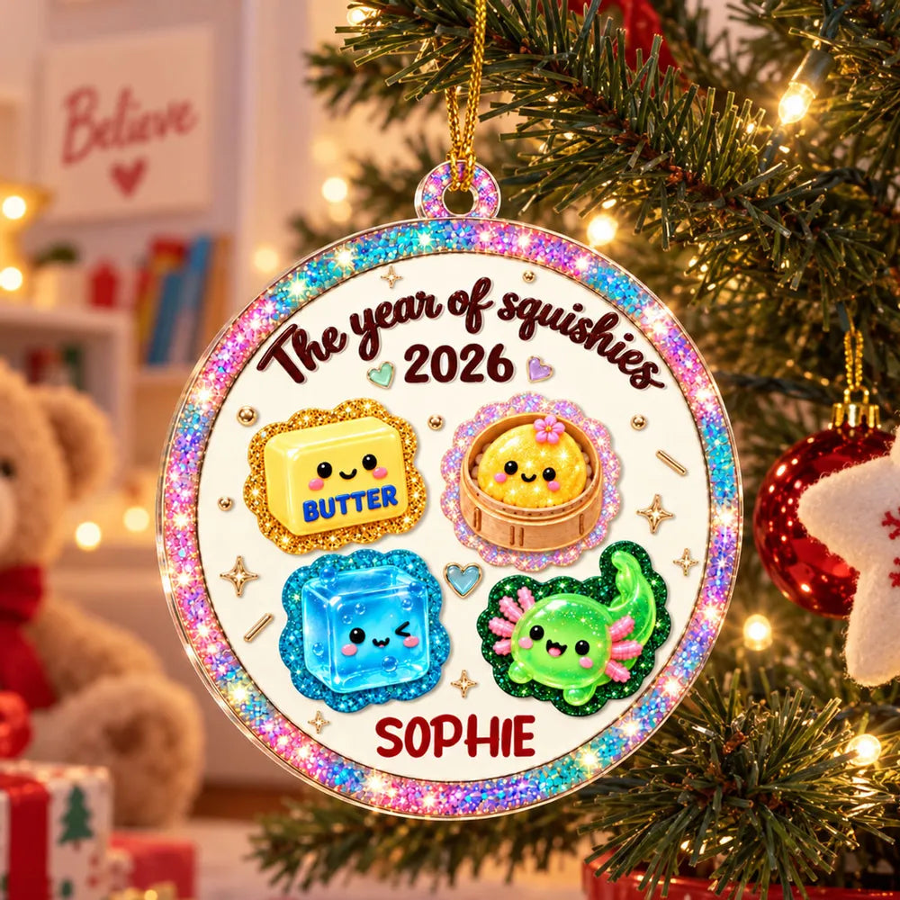 Personalized Acrylic Ornament, Cute Glitter Look Keepsake for a Lit Christmas Tree, Creative Gift for Squishy Fans