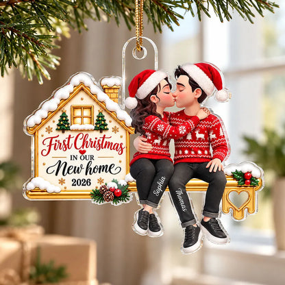 First Christmas Acrylic Ornament, Personalized Kissing Couple at Their New Home, Creative Romantic Gift